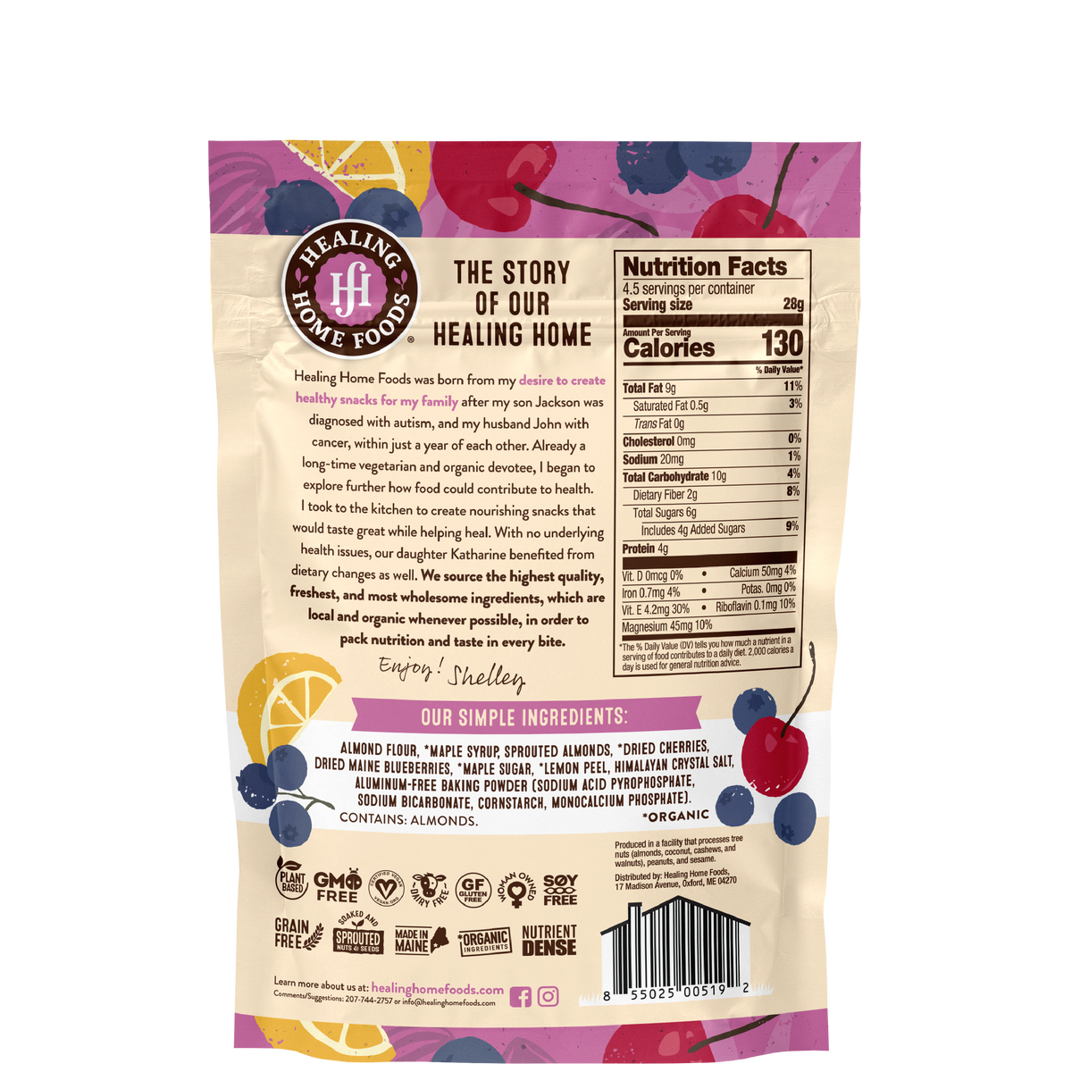 The back of a bag of Healing Home Foods Dunkable Biscotti in Lemony Berry Cherry flavor with the nutrition information shown.