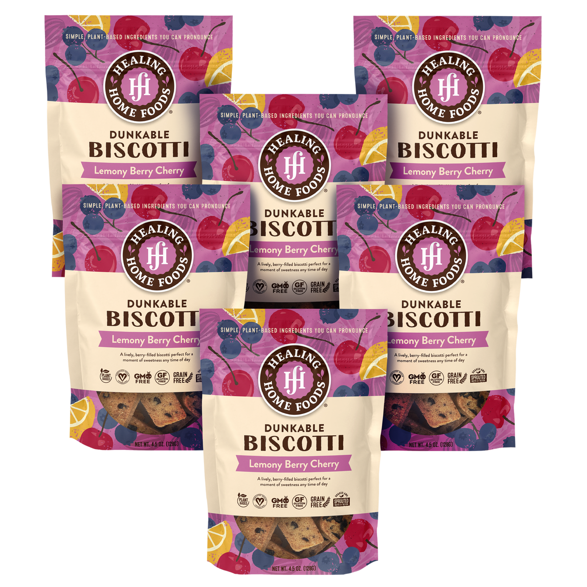 Six stand-up pouches of Healing Home Foods Dunkable Biscotti in Lemony Berry Cherry flavor arranged in a cluster on a plain white background.