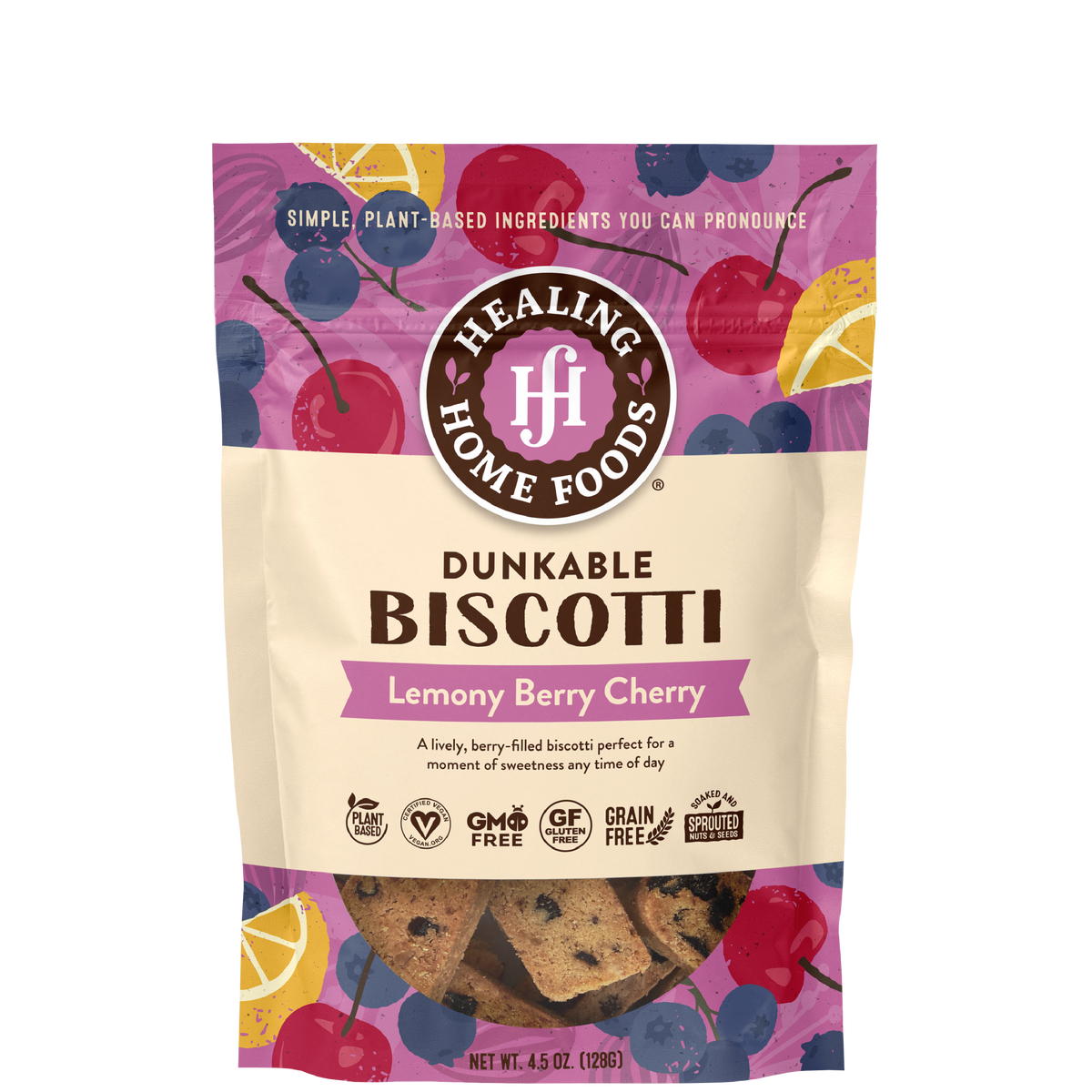A bag of Healing Home Foods Dunkable Biscotti in Lemony Berry Cherry flavor, with biscotti pieces displayed in the front  package window.
