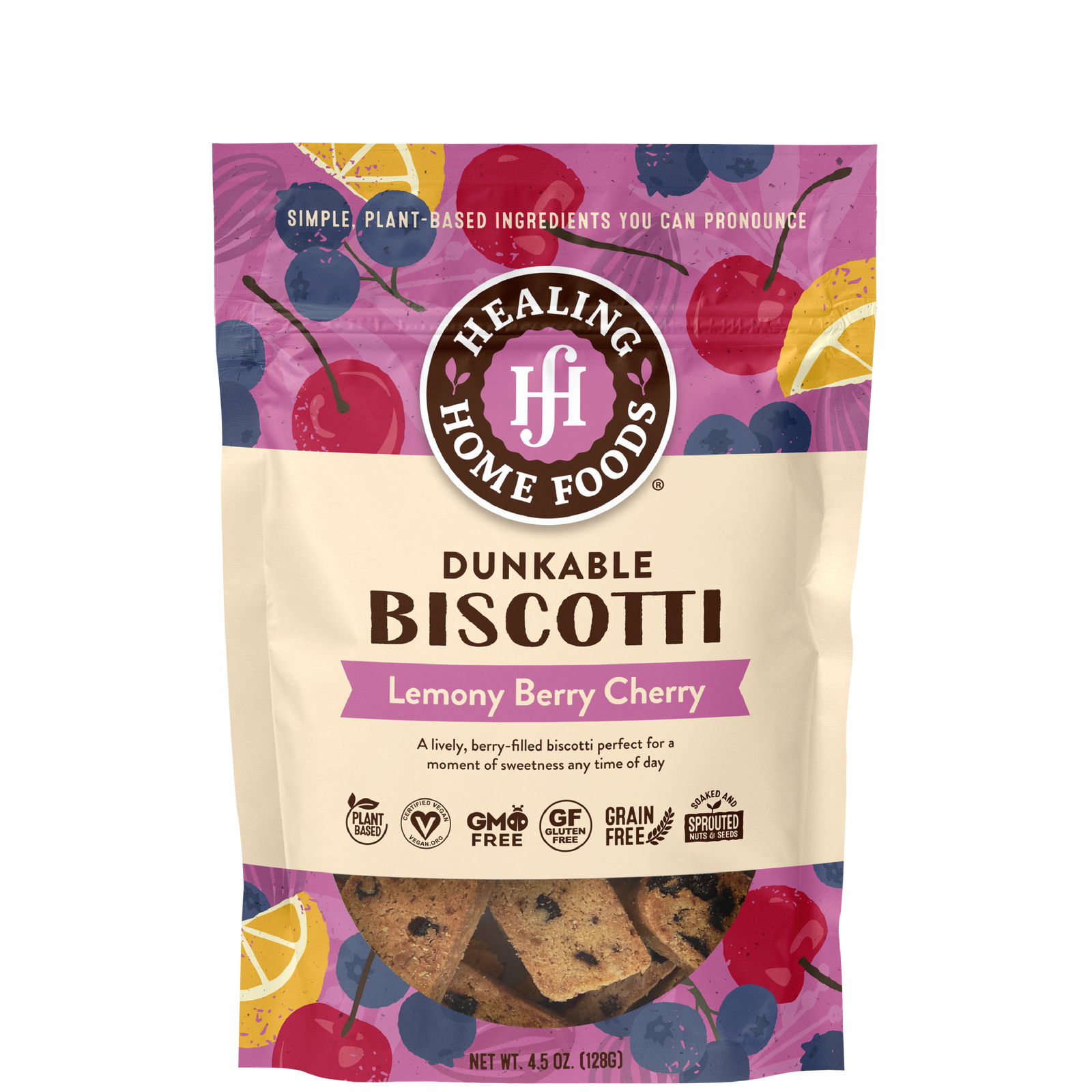 A bag of Healing Home Foods Dunkable Biscotti in Lemony Berry Cherry flavor, with biscotti pieces displayed in the front  package window.